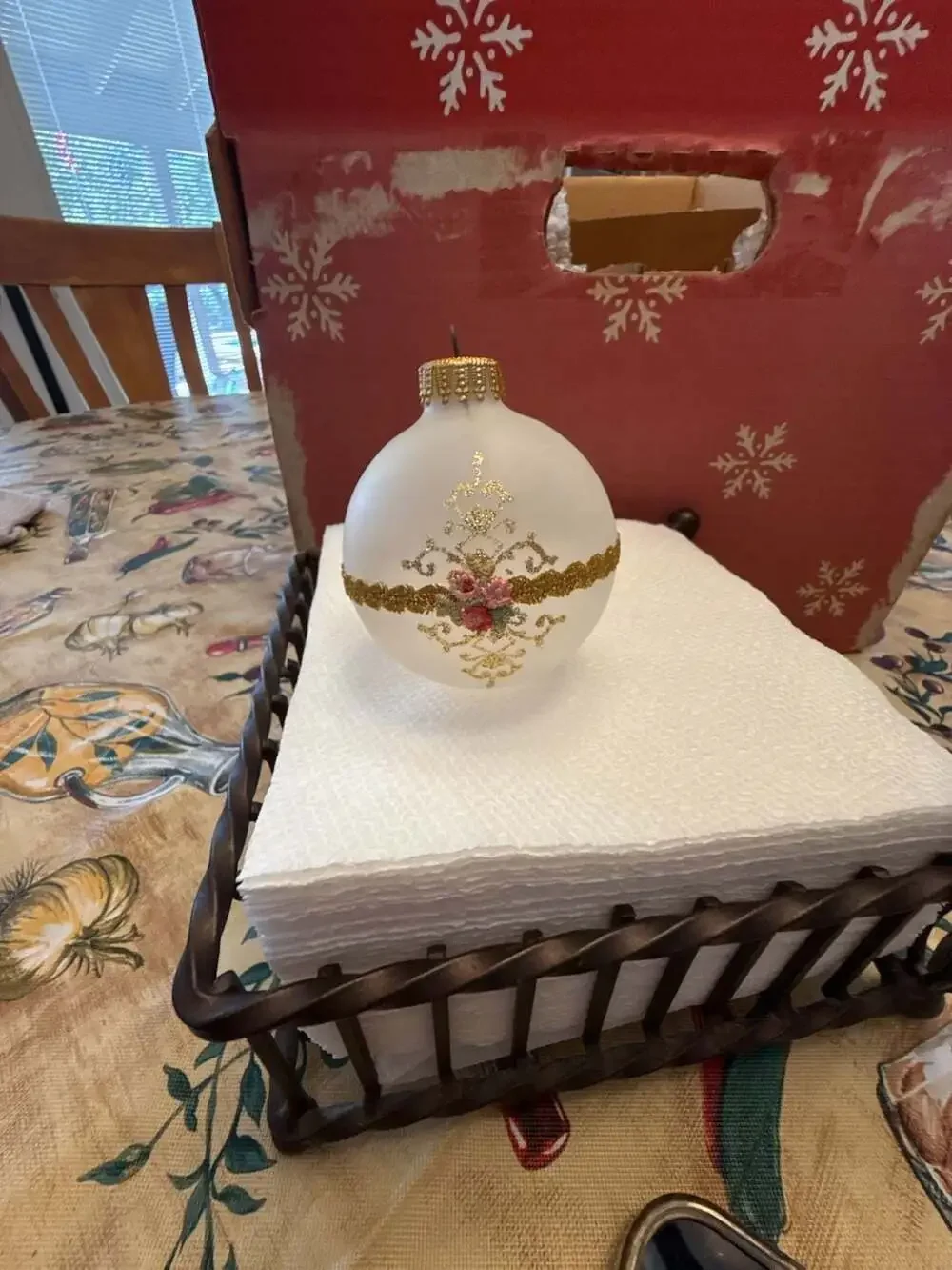 Vtg Krebs Frosted Glass Christmas Ornament with Gold Glitter and Pink Roses